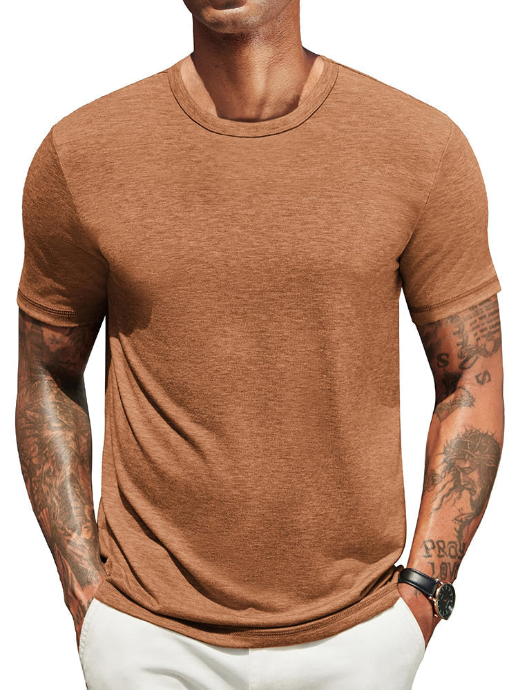 Lightweight crew neck t-shirt in a soft cotton blend, featuring a classic fit and a muted navy blue color. 10