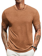 Lightweight crew neck t-shirt in a soft cotton blend, featuring a classic fit and a muted navy blue color. 10