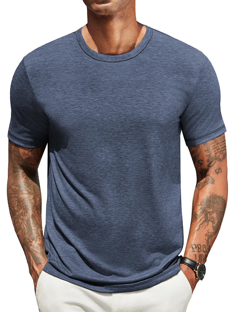 Lightweight crew neck t-shirt in a soft cotton blend, featuring a classic fit and a muted navy blue color. 11
