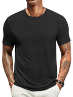 Lightweight crew neck t-shirt in a soft cotton blend, featuring a classic fit and a muted navy blue color. 2