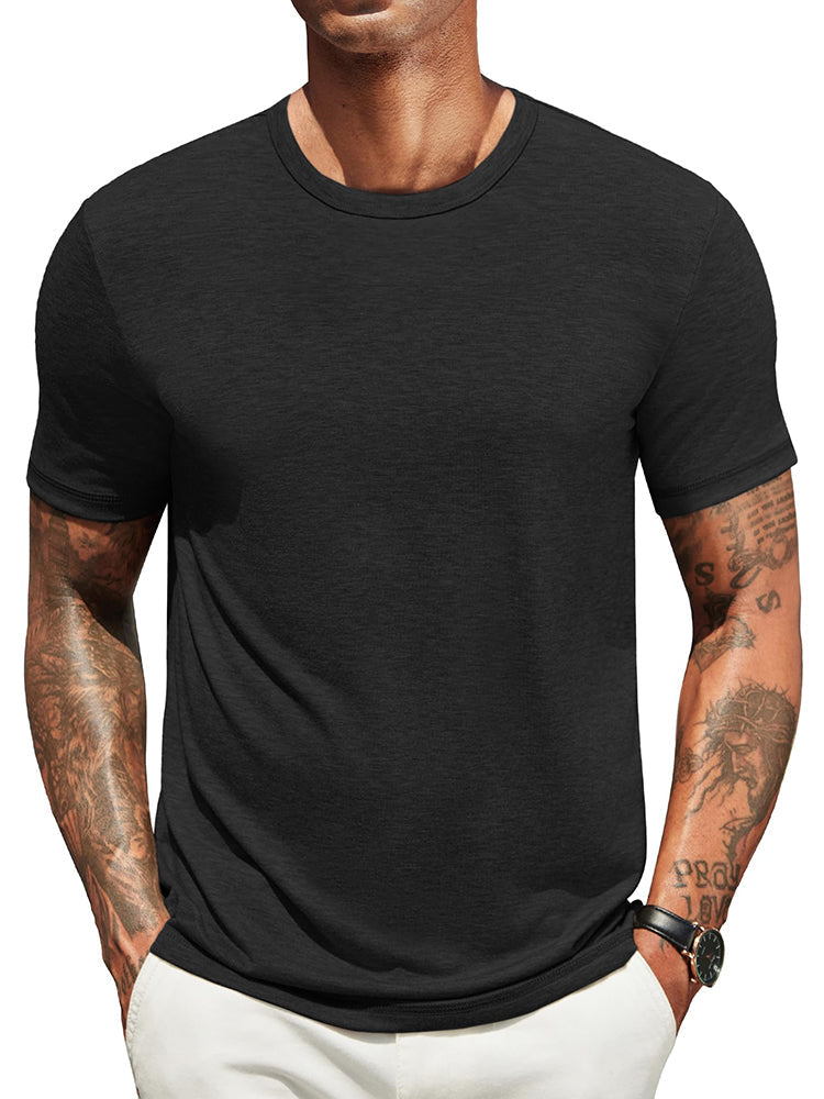 Lightweight crew neck t-shirt in a soft cotton blend, featuring a classic fit and a muted navy blue color. 2