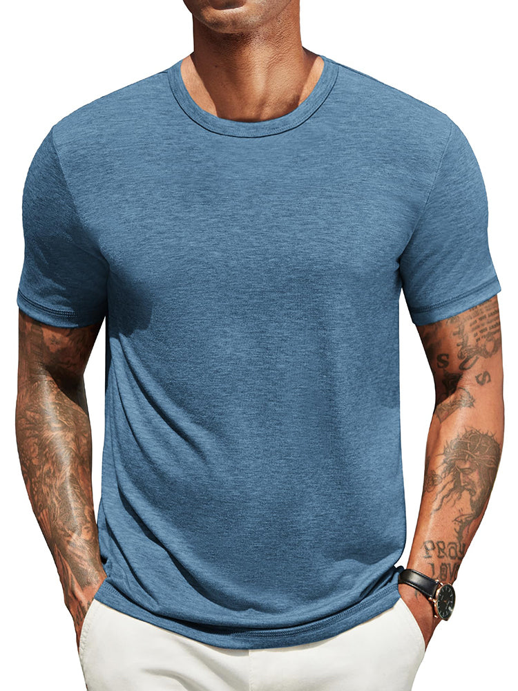 Lightweight crew neck t-shirt in a soft cotton blend, featuring a classic fit and a muted navy blue color. 3