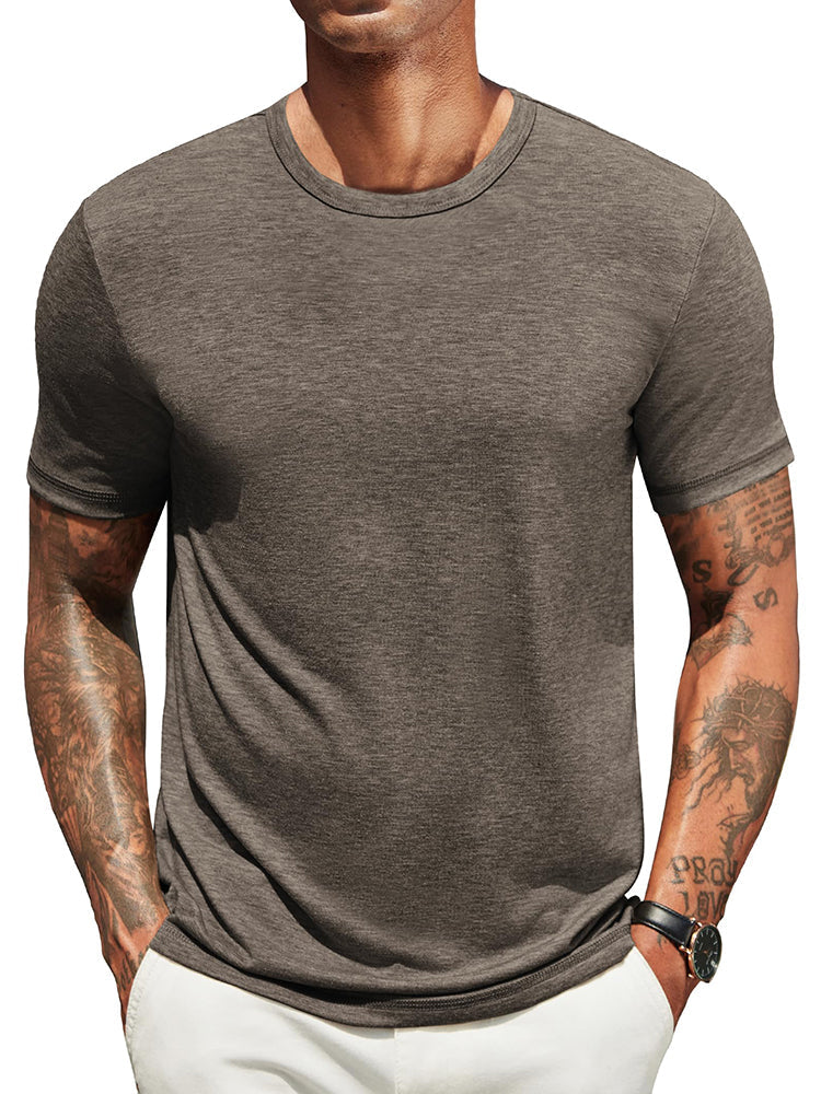 Lightweight crew neck t-shirt in a soft cotton blend, featuring a classic fit and a muted navy blue color. 4