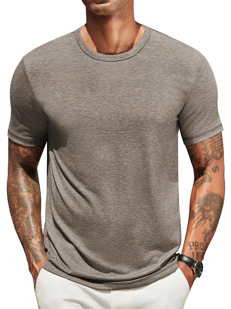Lightweight crew neck t-shirt in a soft cotton blend, featuring a classic fit and a muted navy blue color. 5