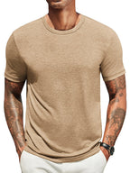 Lightweight crew neck t-shirt in a soft cotton blend, featuring a classic fit and a muted navy blue color. 6