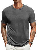 Lightweight crew neck t-shirt in a soft cotton blend, featuring a classic fit and a muted navy blue color. 8