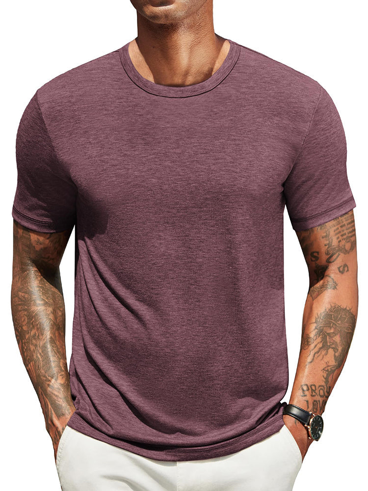 Lightweight crew neck t-shirt in a soft cotton blend, featuring a classic fit and a muted navy blue color. 9
