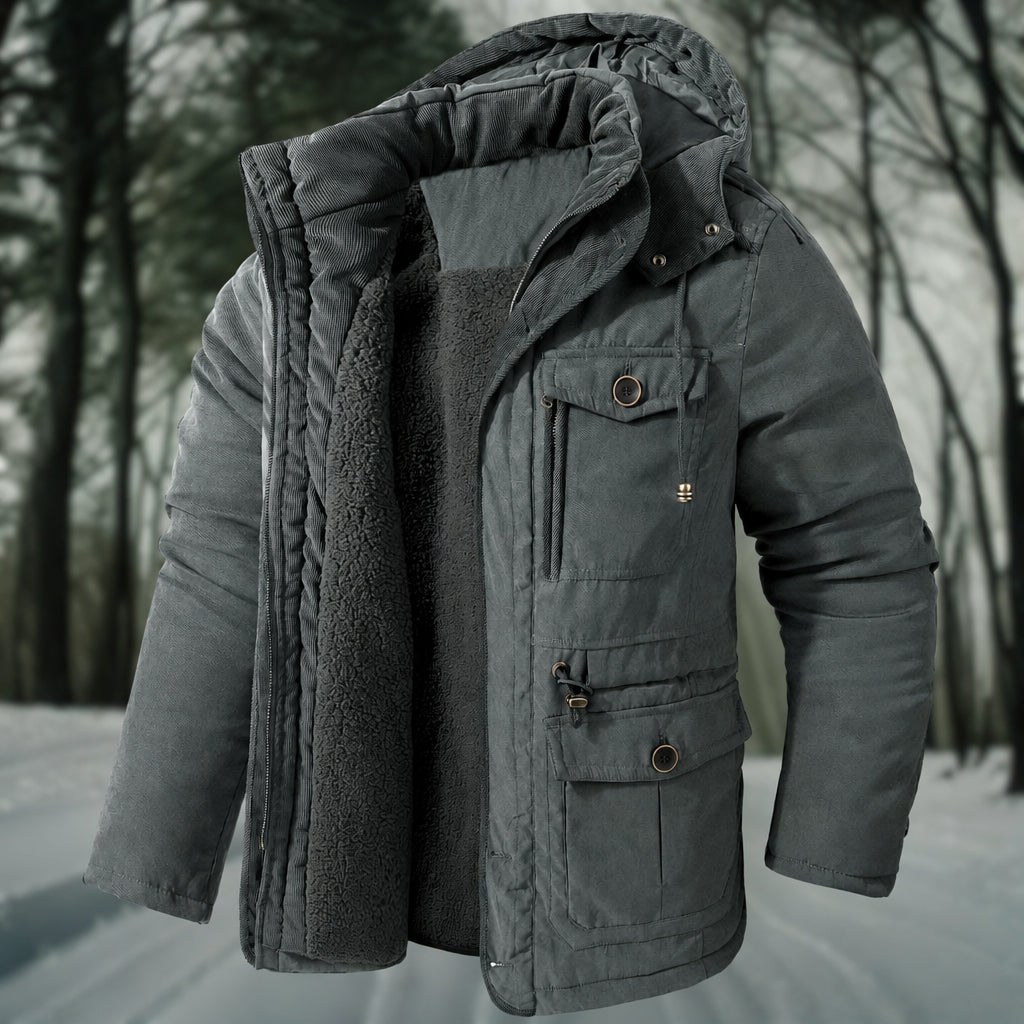 Matthijs insulated parka in grey, front view with the lining showing