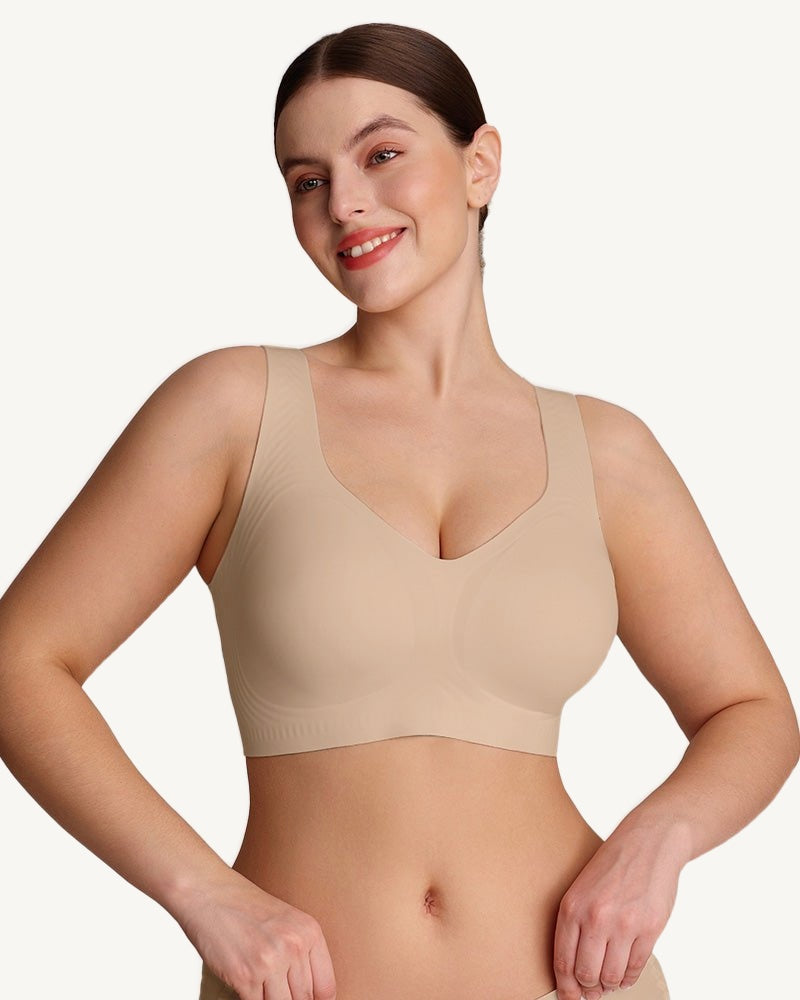 Maud seamless wireless bra in skin, worn front view