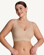 Maud seamless wireless bra in skin, worn front view
