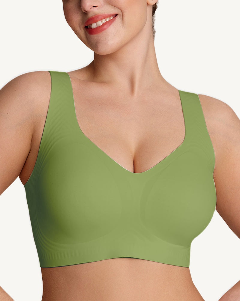Maud seamless wireless bra in green, front view