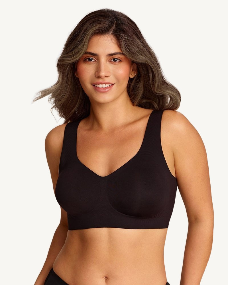 Maud seamless wireless bra in black, front view