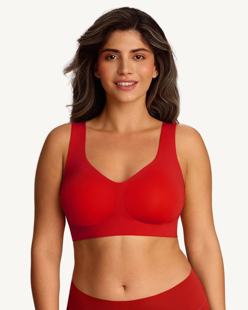 Maud seamless wireless bra in red, front view