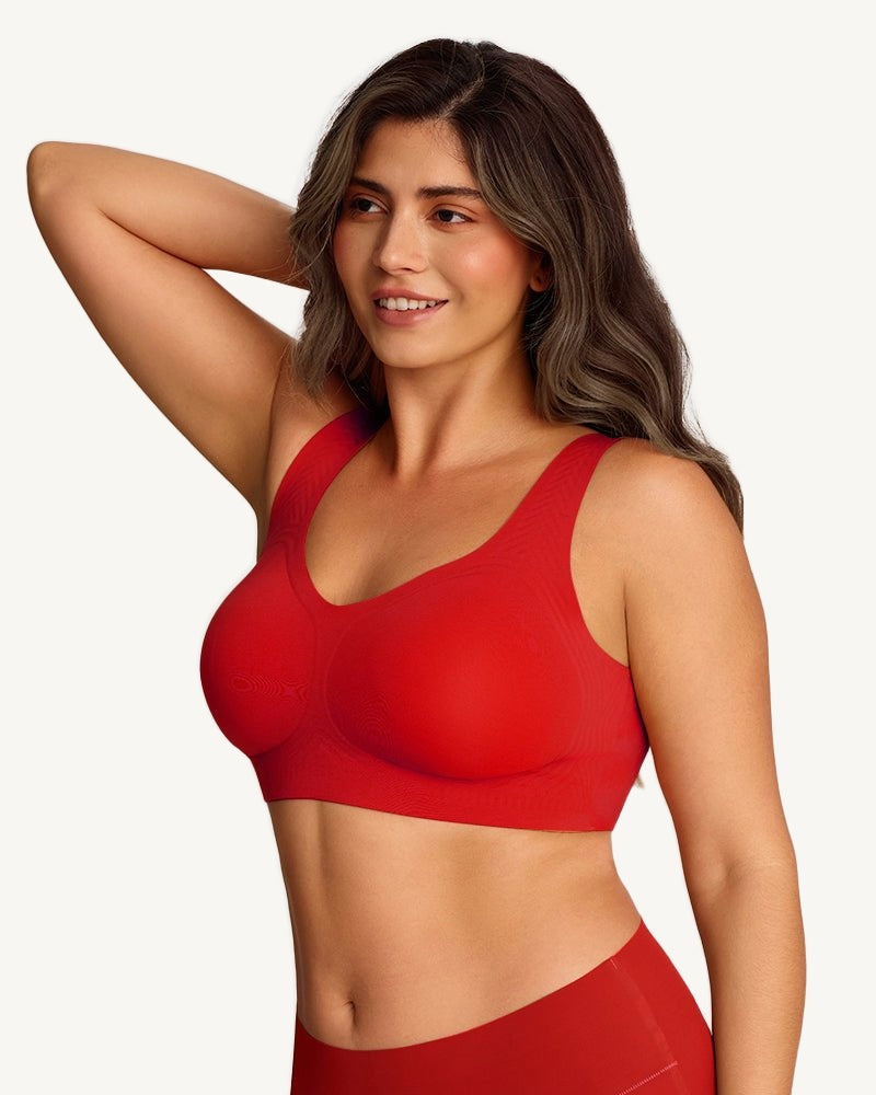 Maud seamless wireless bra in red, side view