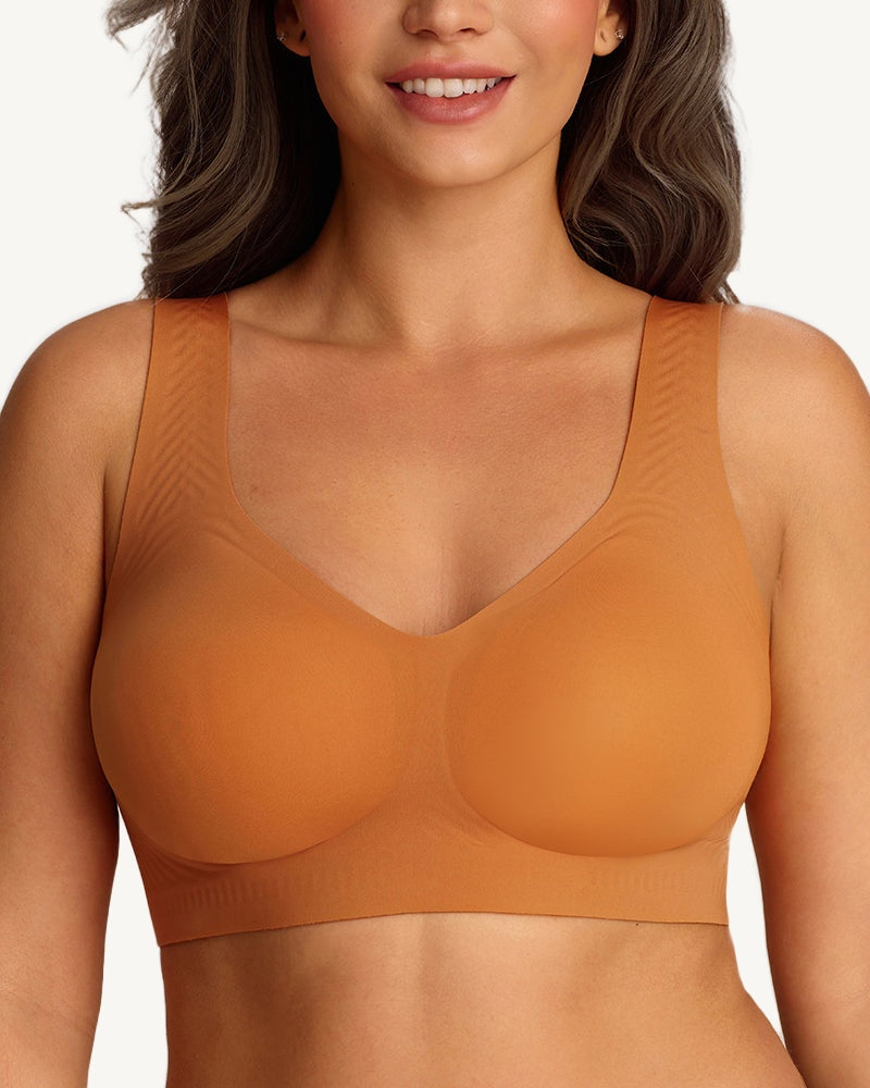 Maud seamless wireless bra in caramel, front view