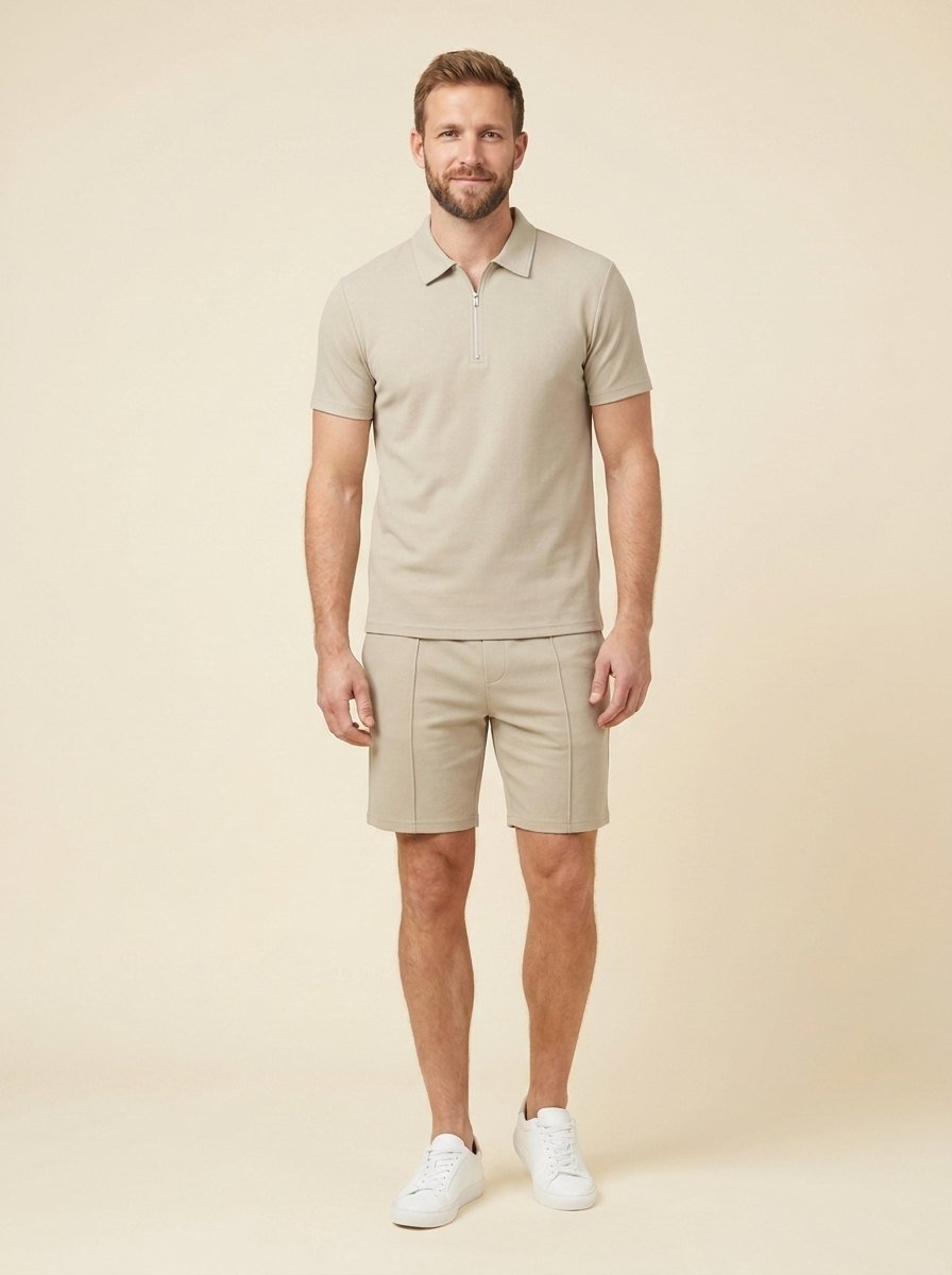 Men's summer set in navy blue, featuring a breathable zipper polo shirt and matching shorts in a casual style. 0
