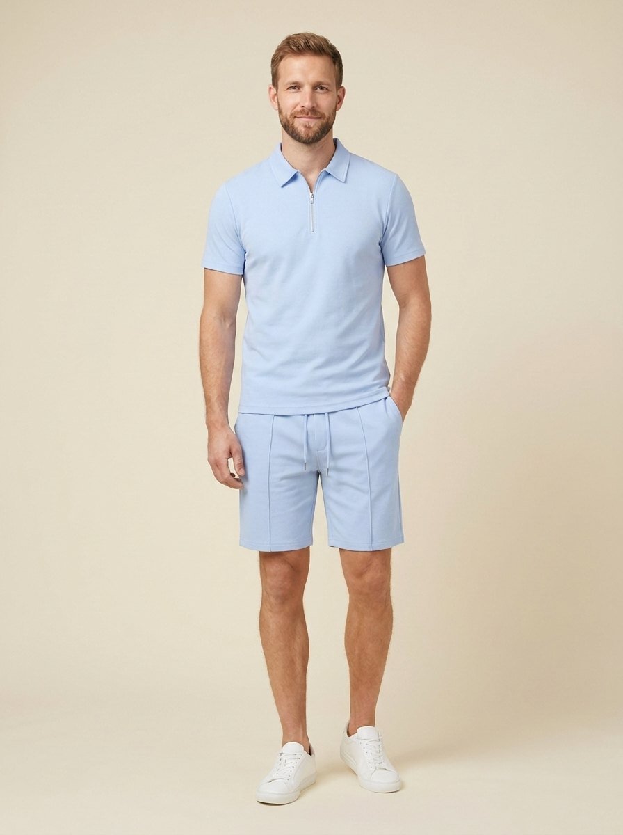 Men's summer set in navy blue, featuring a breathable zipper polo shirt and matching shorts in a casual style. 1