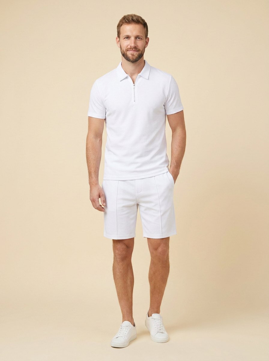 Men's summer set in navy blue, featuring a breathable zipper polo shirt and matching shorts in a casual style. 4