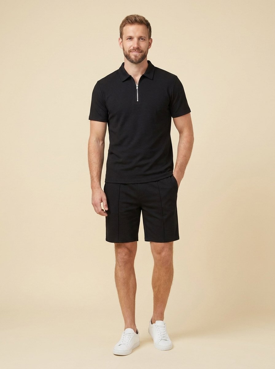 Men's summer set in navy blue, featuring a breathable zipper polo shirt and matching shorts in a casual style. 5