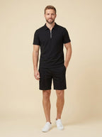 Men's summer set in navy blue, featuring a breathable zipper polo shirt and matching shorts in a casual style. 5