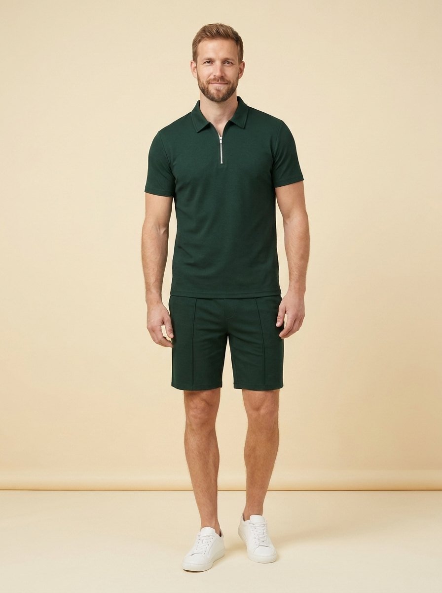 Men's summer set in navy blue, featuring a breathable zipper polo shirt and matching shorts in a casual style. 6
