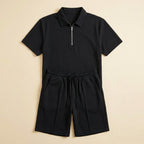 Men's summer set in navy blue, featuring a breathable zipper polo shirt and matching shorts in a casual style. 7