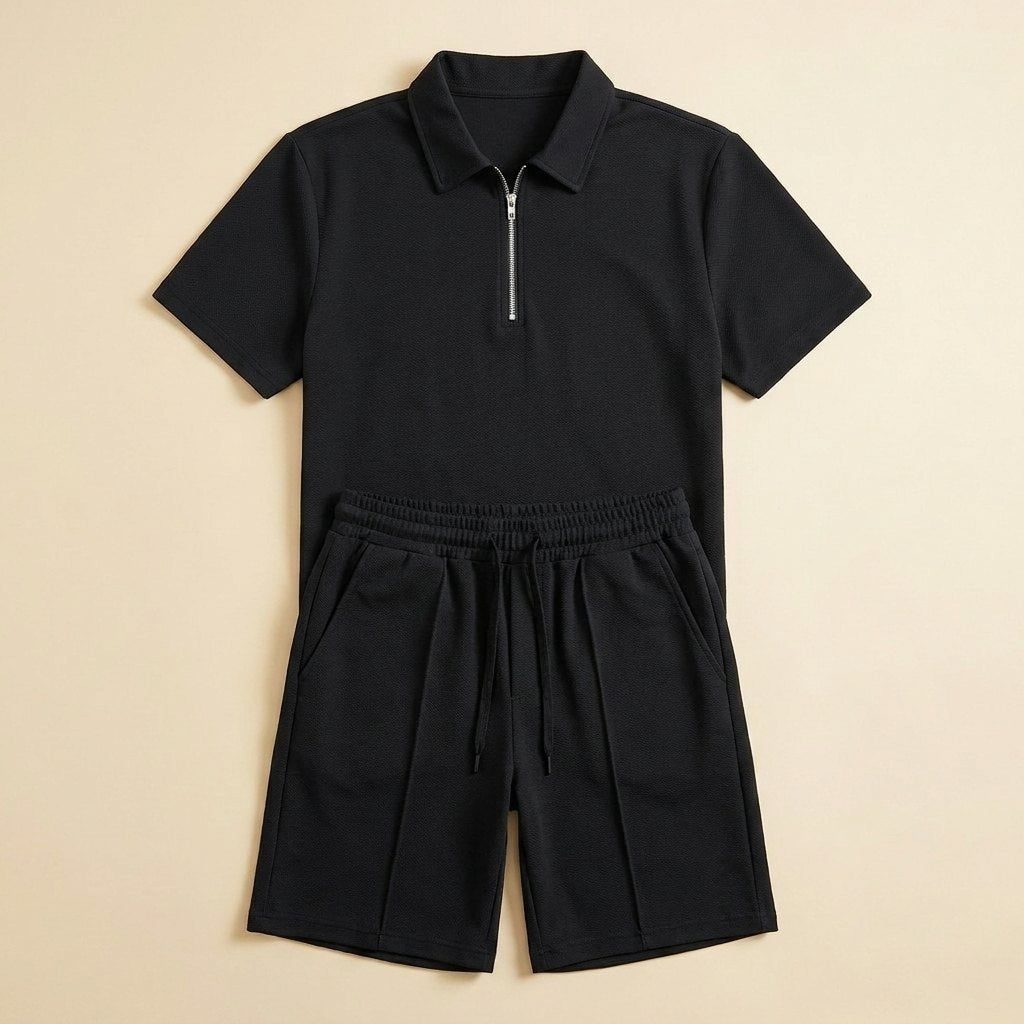 Men's summer set in navy blue, featuring a breathable zipper polo shirt and matching shorts in a casual style. 7