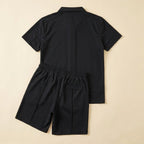 Men's summer set in navy blue, featuring a breathable zipper polo shirt and matching shorts in a casual style. 8