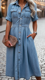 Light blue denim shirt dress with a belted waist, crisp collar, and side pockets, offering a casual yet polished look. 1