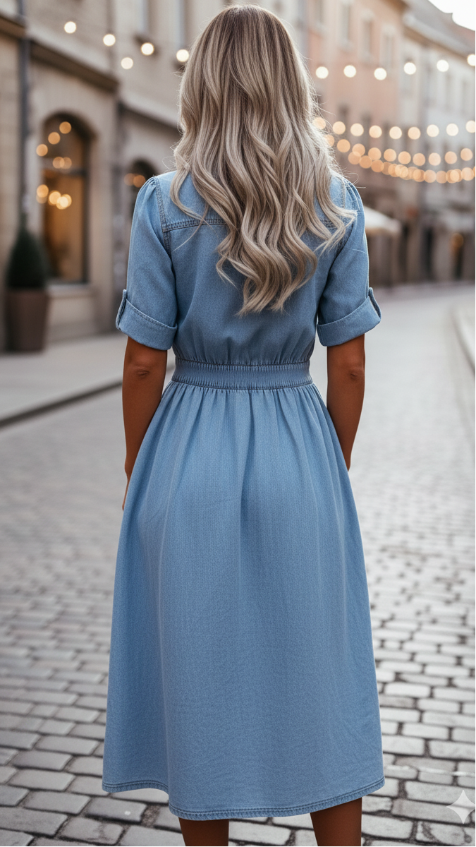 Light blue denim shirt dress with a belted waist, crisp collar, and side pockets, offering a casual yet polished look. 3