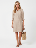 A knee-length dress in navy blue with a button front and three-quarter sleeves, showcasing a casual yet elegant style. 0