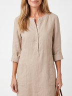 A knee-length dress in navy blue with a button front and three-quarter sleeves, showcasing a casual yet elegant style. 2