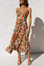 Mia summer dress in a vibrant floral print, featuring a V-neck and a relaxed sling style, made from a soft cotton blend. 0