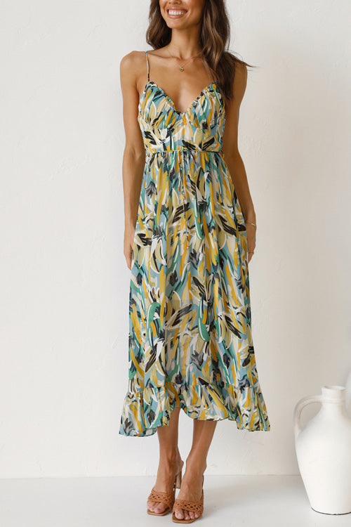Mia summer dress in a vibrant floral print, featuring a V-neck and a relaxed sling style, made from a soft cotton blend. 1