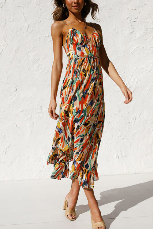 Mia summer dress in a vibrant floral print, featuring a V-neck and a relaxed sling style, made from a soft cotton blend. 2