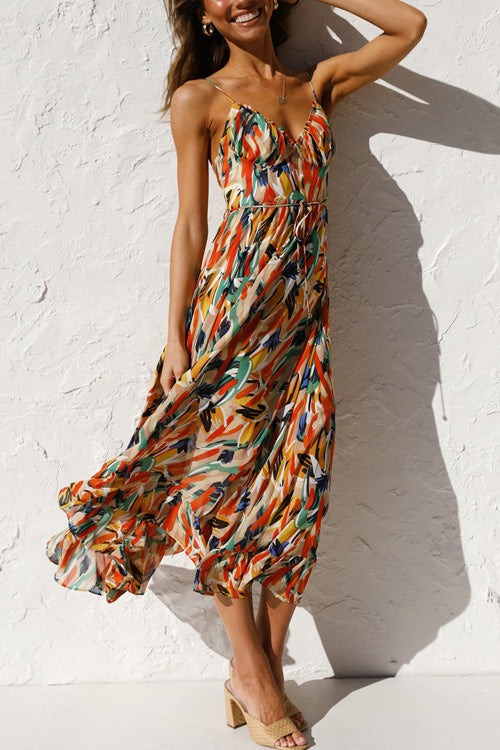 Mia summer dress in a vibrant floral print, featuring a V-neck and a relaxed sling style, made from a soft cotton blend. 3