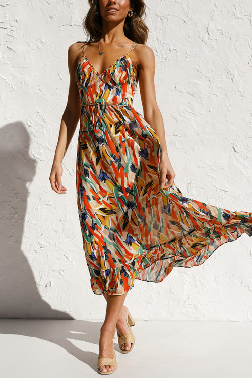 Mia summer dress in a vibrant floral print, featuring a V-neck and a relaxed sling style, made from a soft cotton blend. 4
