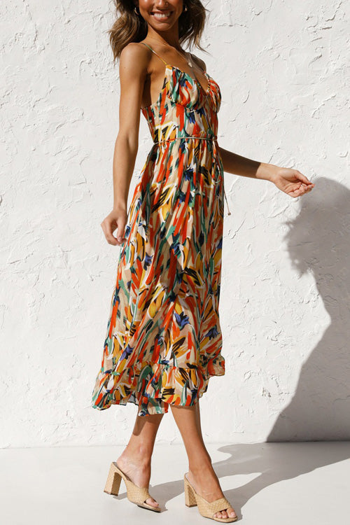 Mia summer dress in a vibrant floral print, featuring a V-neck and a relaxed sling style, made from a soft cotton blend. 5