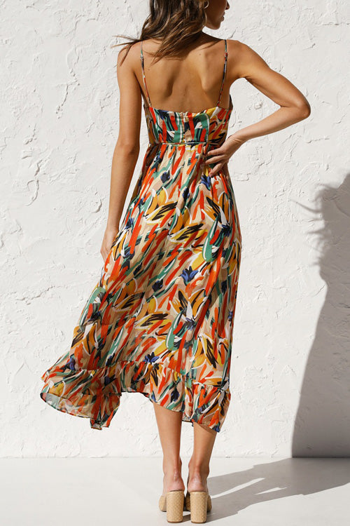 Mia summer dress in a vibrant floral print, featuring a V-neck and a relaxed sling style, made from a soft cotton blend. 6