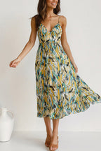 Mia summer dress in a vibrant floral print, featuring a V-neck and a relaxed sling style, made from a soft cotton blend. 7