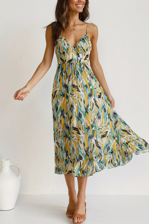 Mia summer dress in a vibrant floral print, featuring a V-neck and a relaxed sling style, made from a soft cotton blend. 7