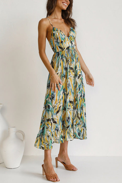 Mia summer dress in a vibrant floral print, featuring a V-neck and a relaxed sling style, made from a soft cotton blend. 8