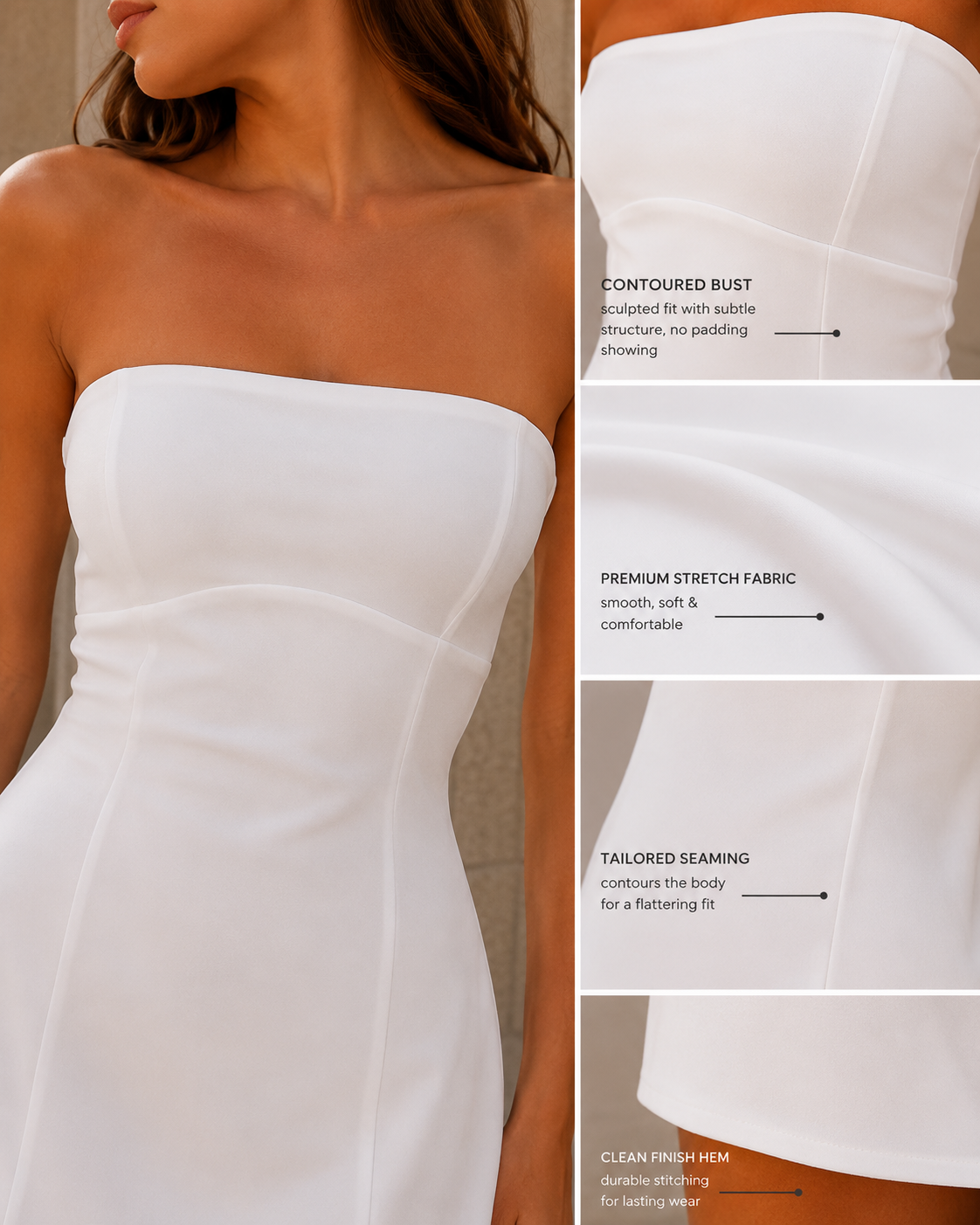 Strapless mini dress in deep blue, featuring a structured bodice and a flowing A-line skirt. 4