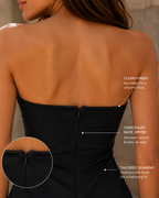 Strapless mini dress in deep blue, featuring a structured bodice and a flowing A-line skirt. 5