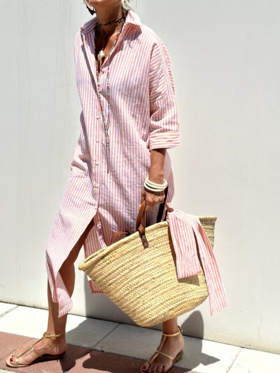 Mia striped shirt dress in soft fabric, featuring a button placket, with a blend of pastel colors and a casual style. 2