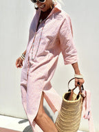 Mia striped shirt dress in soft fabric, featuring a button placket, with a blend of pastel colors and a casual style. 3