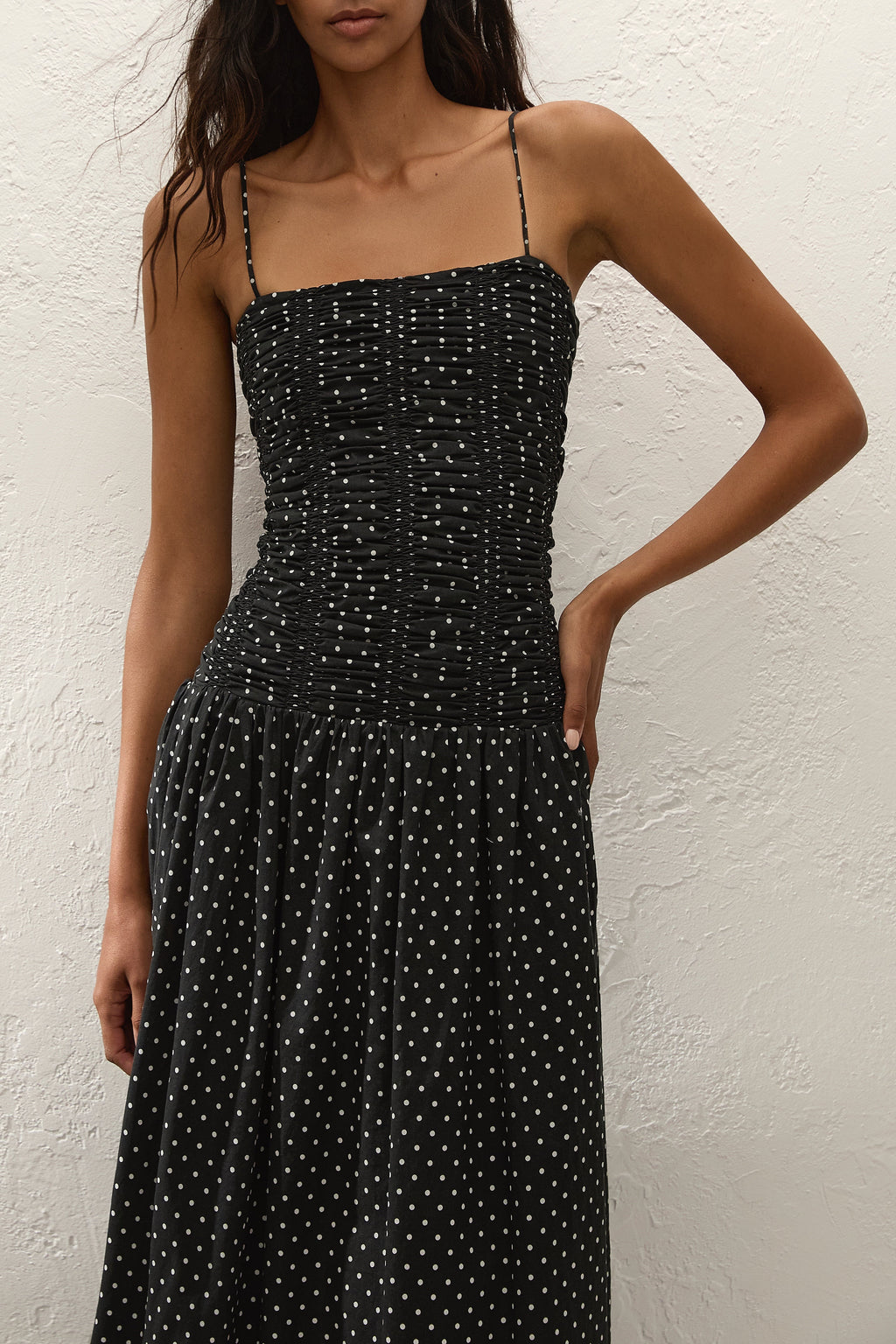 Mira Maxi Dress Polka Dot Black Off White Flowing Silhouette 1