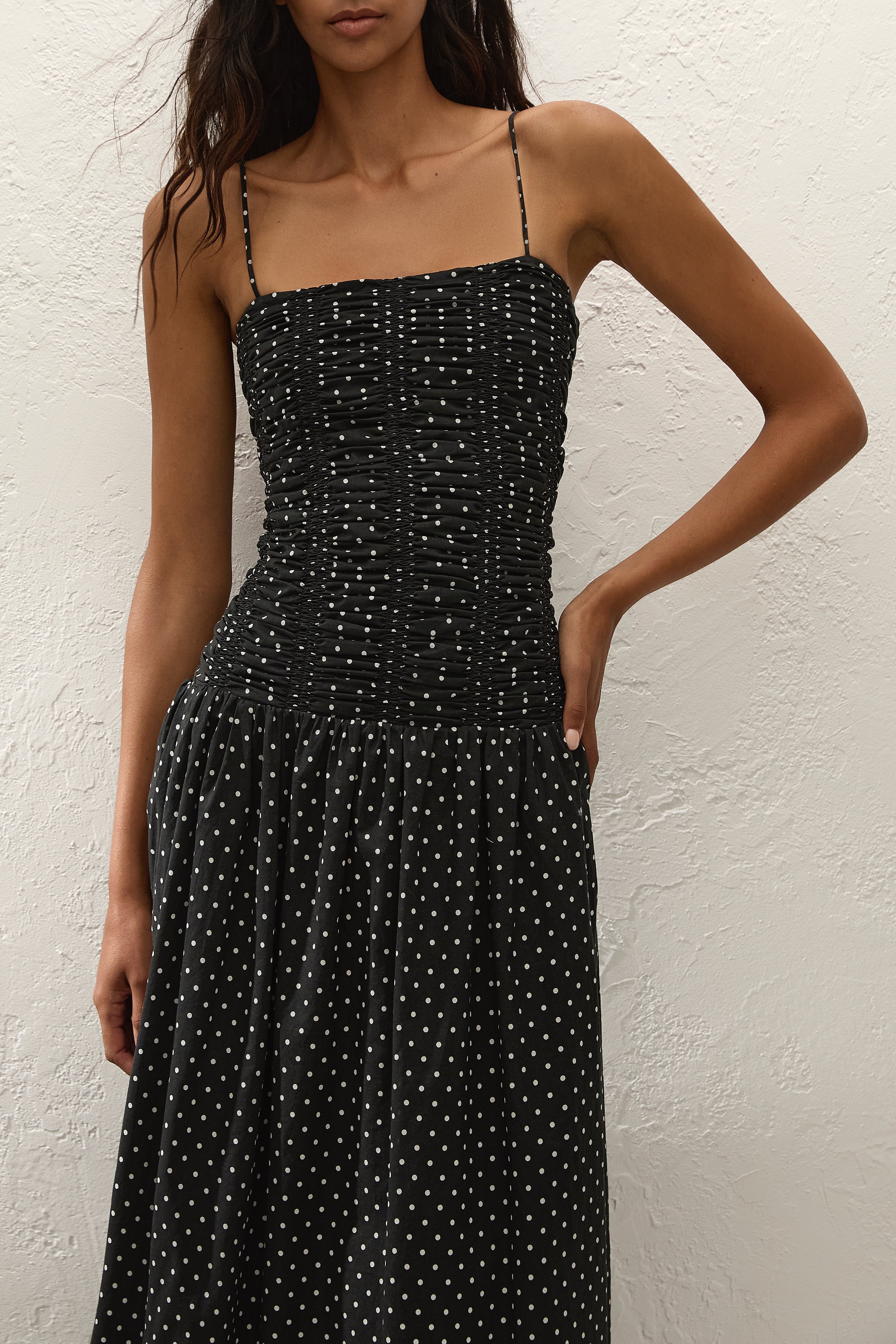 Mira Maxi Dress Polka Dot Black Off White Flowing Silhouette 1