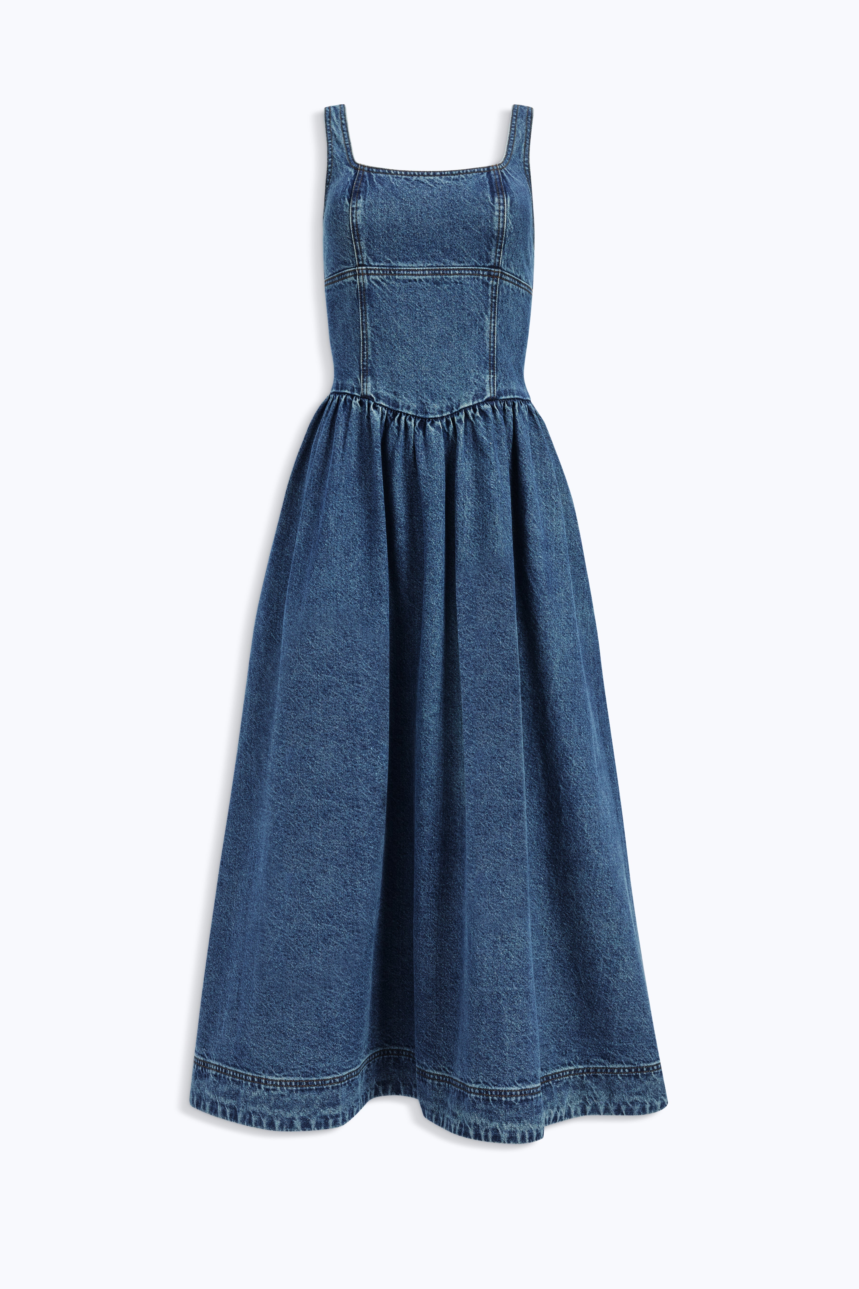 Mireille Denim Maxi Dress with Full Skirt, Pockets and Princess Seams 0