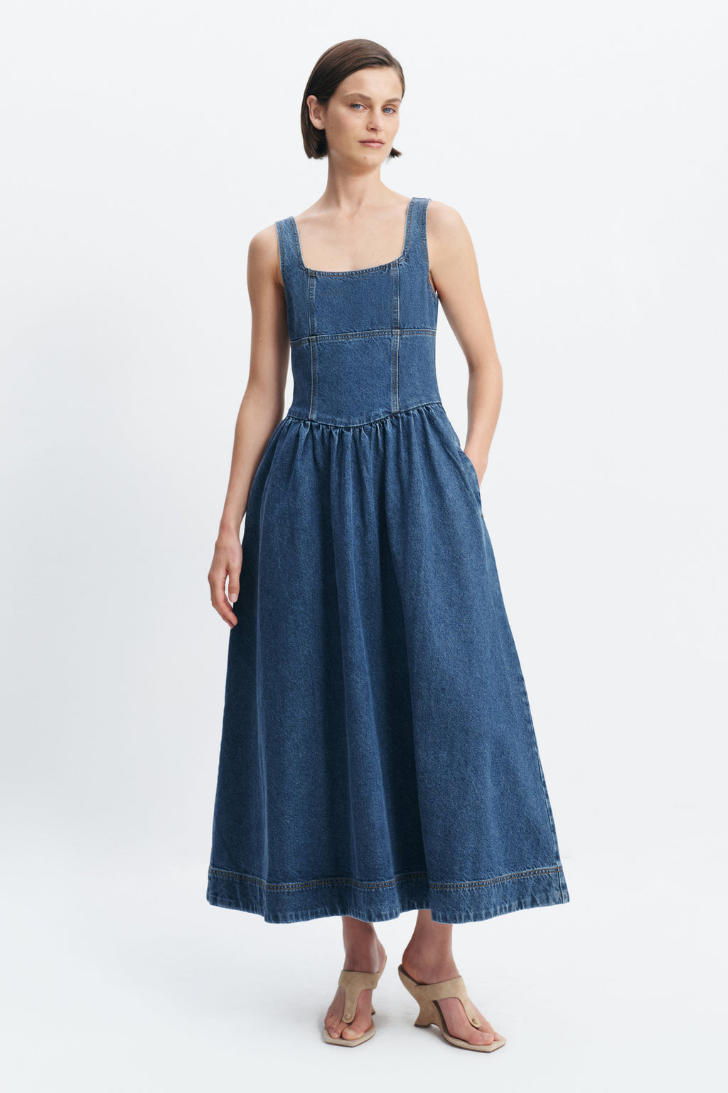 Mireille Denim Maxi Dress with Full Skirt, Pockets and Princess Seams 1